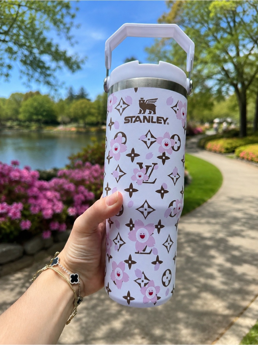 30 oz  White & Pink Floral Monogram Travel Tumbler